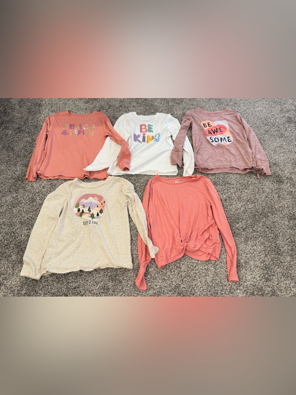 Girls Long-Sleeve Graphic Tee Bundle - Peach, Pink, Cream & White